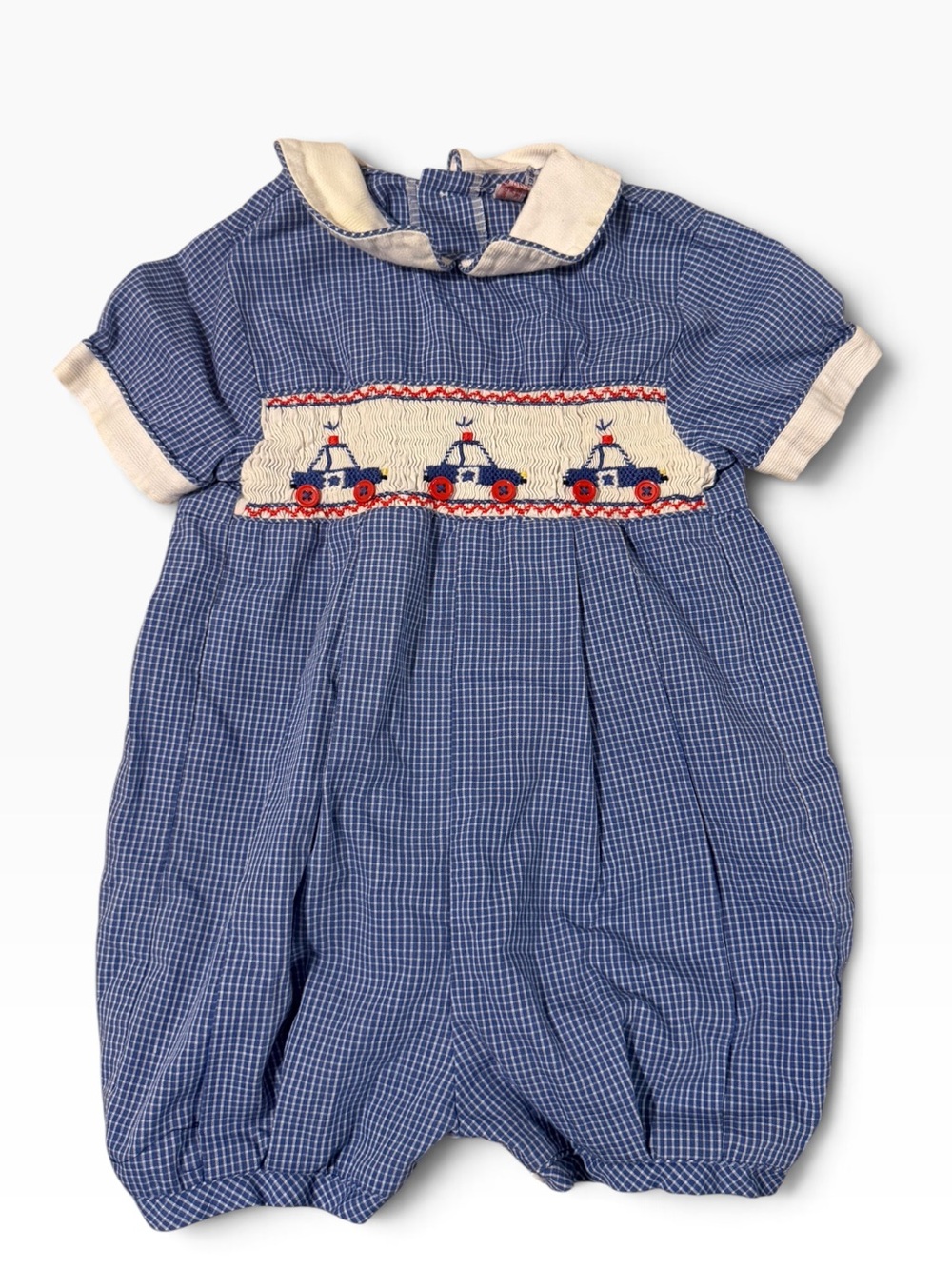 Blue Gingham Kids Pajama Romper with Cream Smocked Car Detail